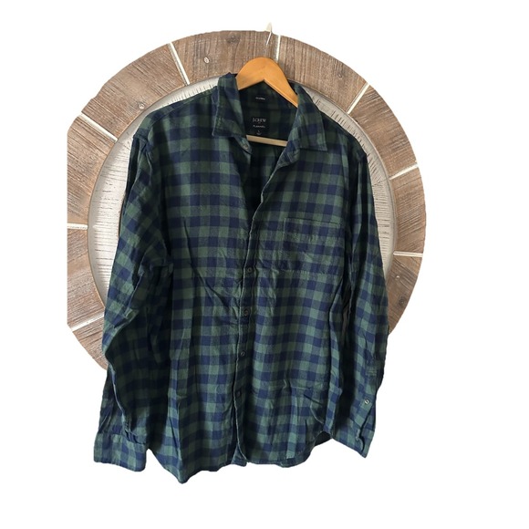 J.CREW Other - J. Crew‎ Jaspe Cotton Shirt Navy Green Gingham Classic Fit Long Sleeve Mens L
